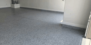 Polished epoxy garage floor with gray finish