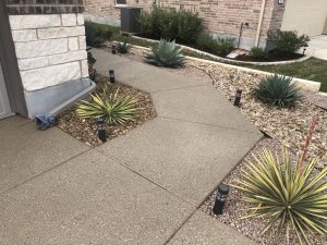 Modern front yard with agave plants and pebble landscaping