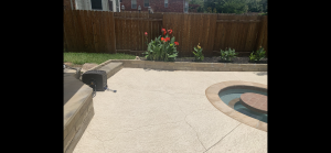 Patio with red flowers and small pool